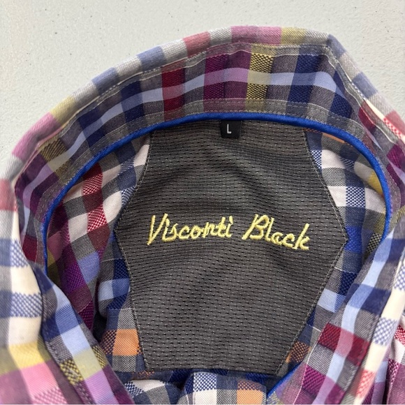 Visconti Black Men's Large Dress Shirt Plaid Check Colorful Multicolor BUTTONS - Picture 6 of 10